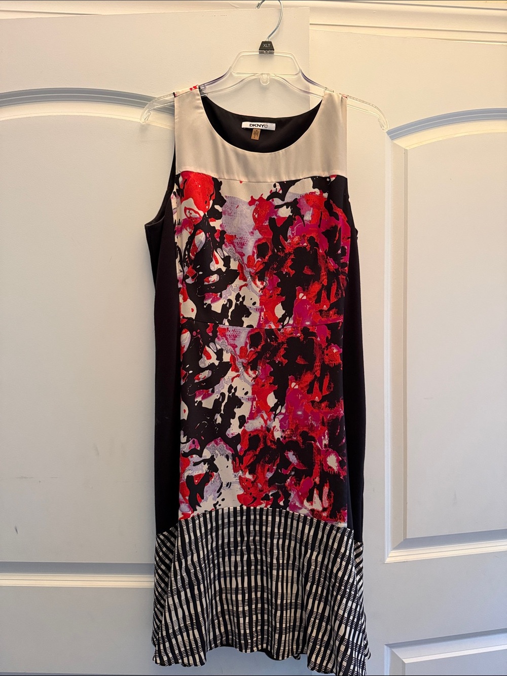 DKNY Black Shift Dress with Red & Pink Floral Panel
